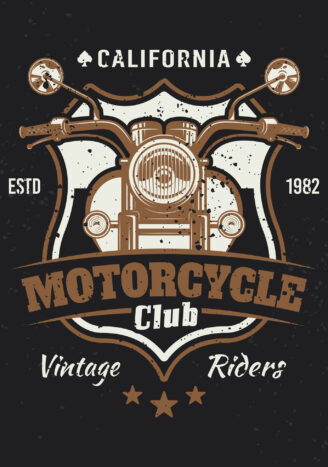 Motorcycle colored vintage emblem or t-shirt print on dark background. Vector illustration with removable grunge textures